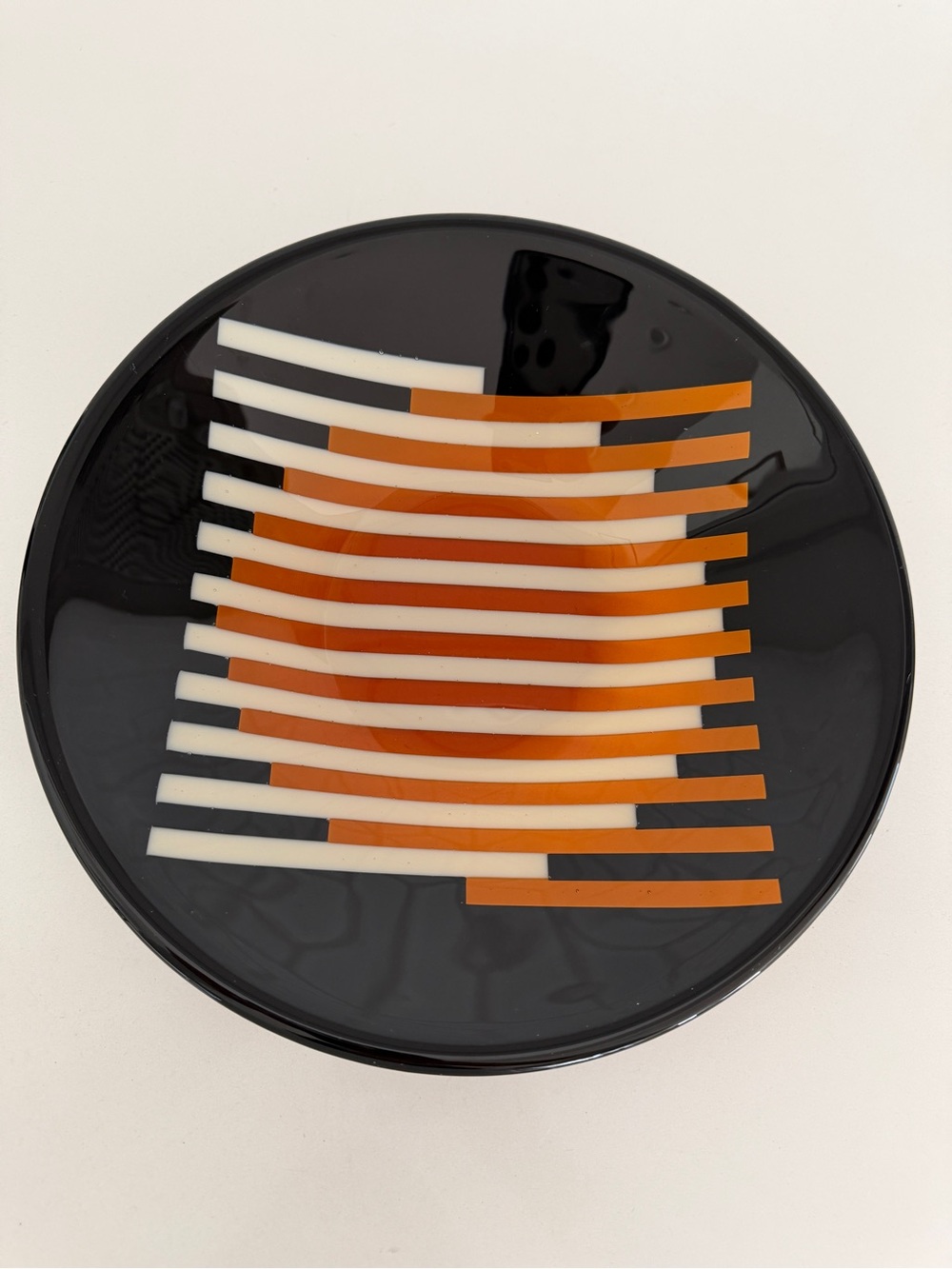 ART GLASS Signed Lavoie ‘03 Stripped Fused Glass Shallow Bowl Handcrafted Artsy